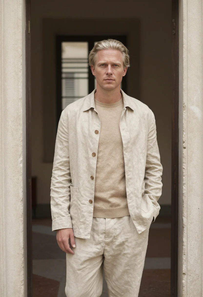 AI armani via borgonuovo unstructured sand linen men sample — portrait of a man, a Danish man in his early forties with pa