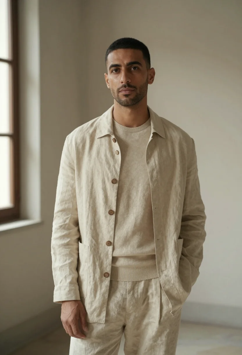 AI armani via borgonuovo unstructured sand linen men sample — portrait of a man, a Spanish man in his mid-thirties with wa