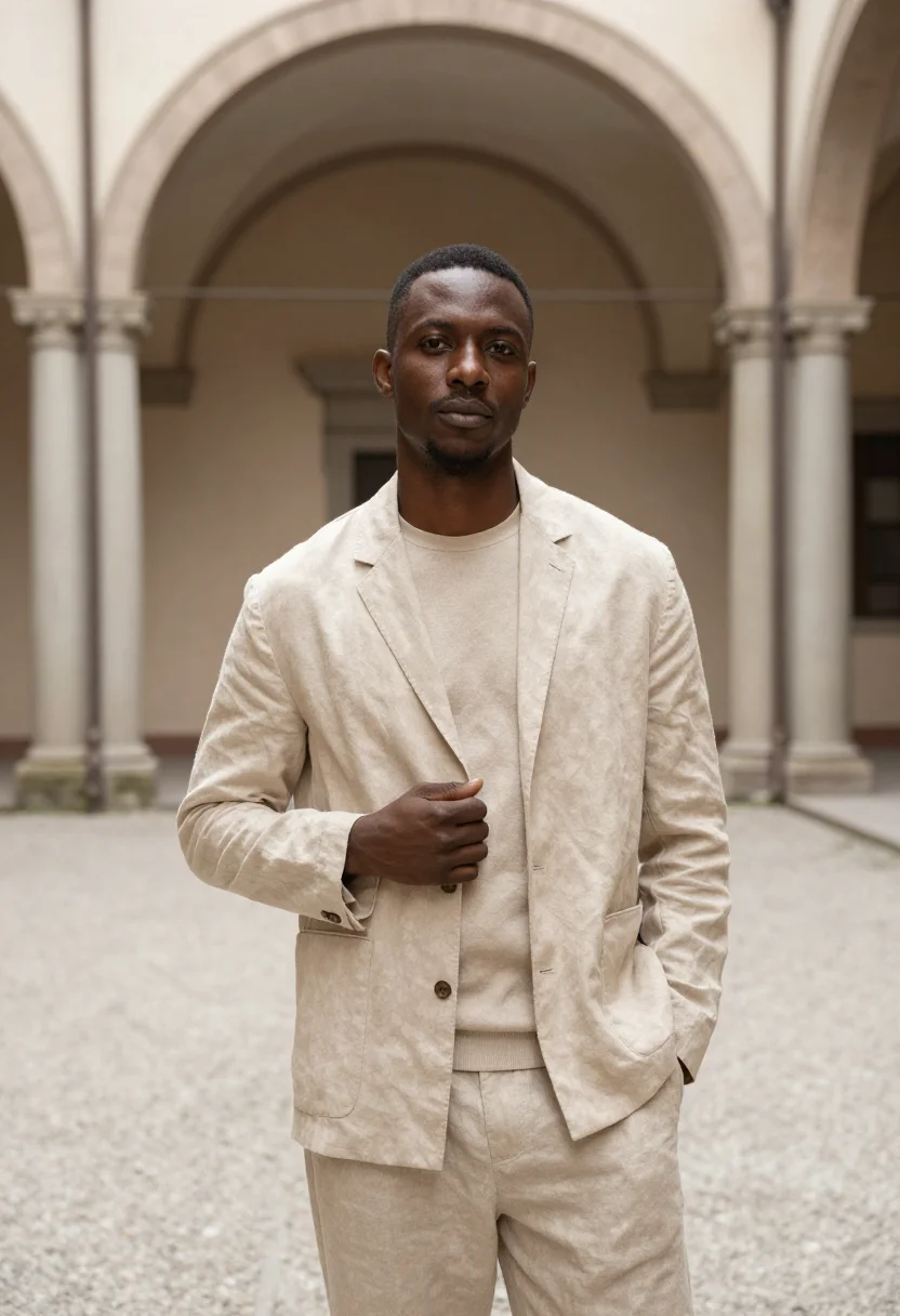 AI armani via borgonuovo unstructured sand linen men sample — portrait of a man, a Ghanaian-Italian man in his mid-thirtie