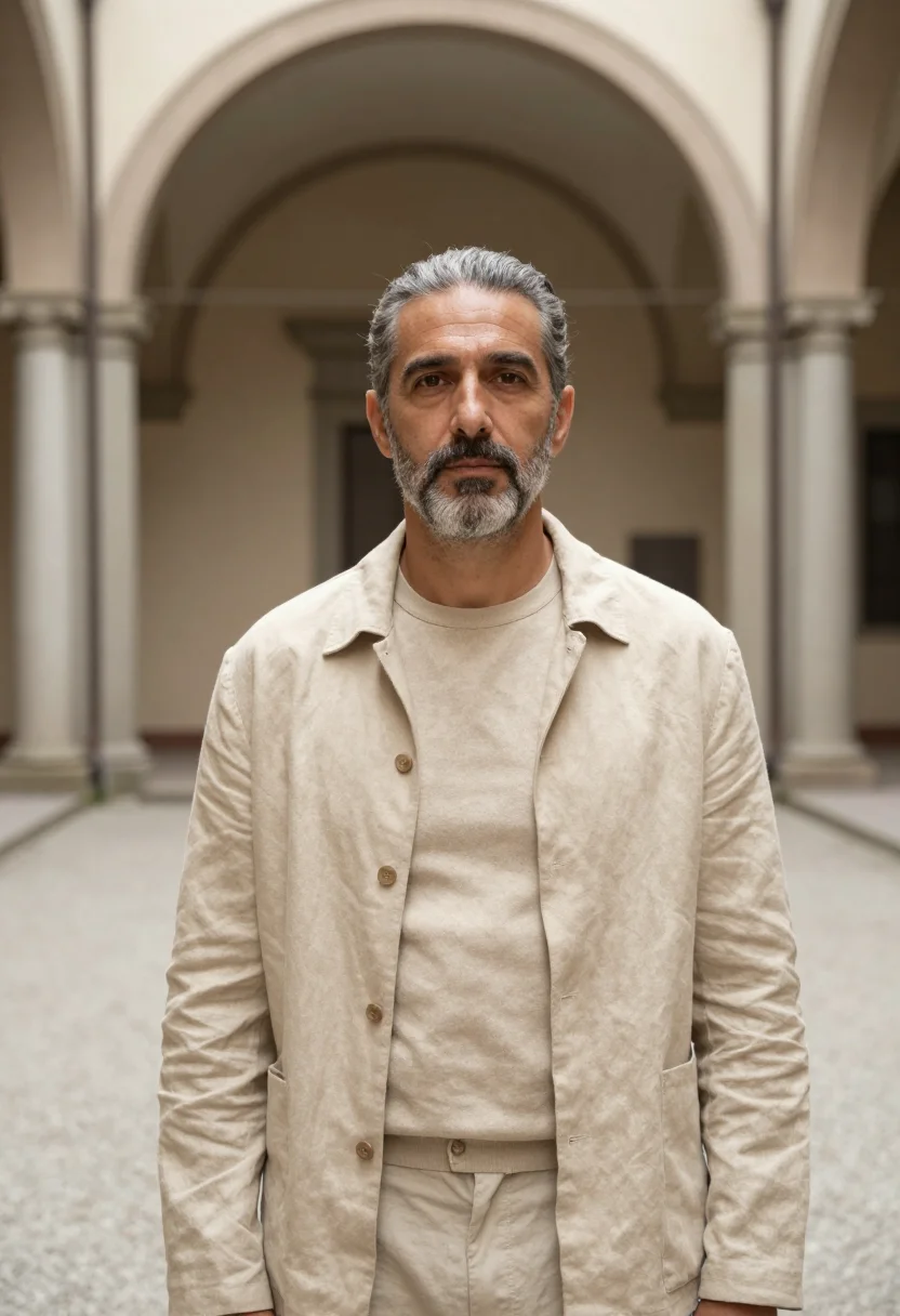 AI armani via borgonuovo unstructured sand linen men sample — portrait of a man, an Italian man in his mid-fifties with ol