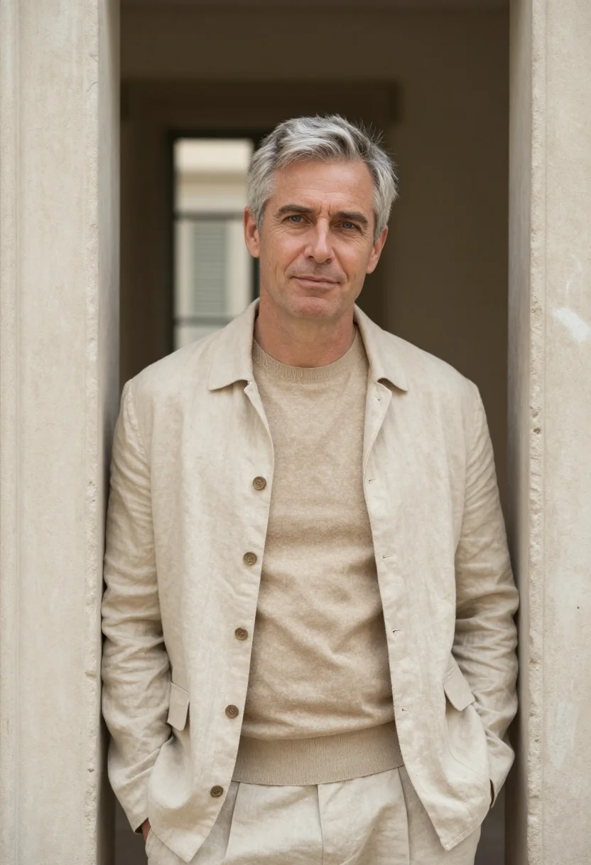 AI armani via borgonuovo unstructured sand linen men sample — portrait of a man, a British man in his late forties with fa