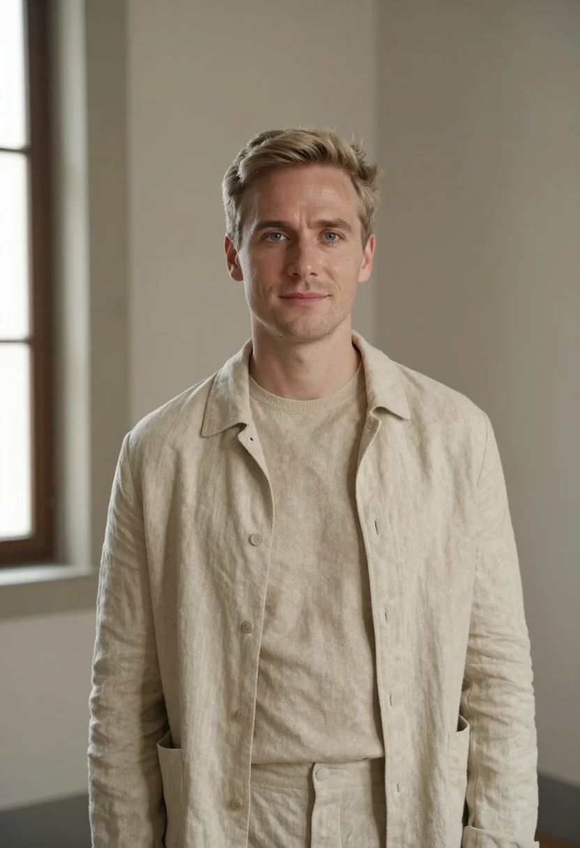 AI armani via borgonuovo unstructured sand linen men sample — portrait of a man, a French man in his early forties with fa