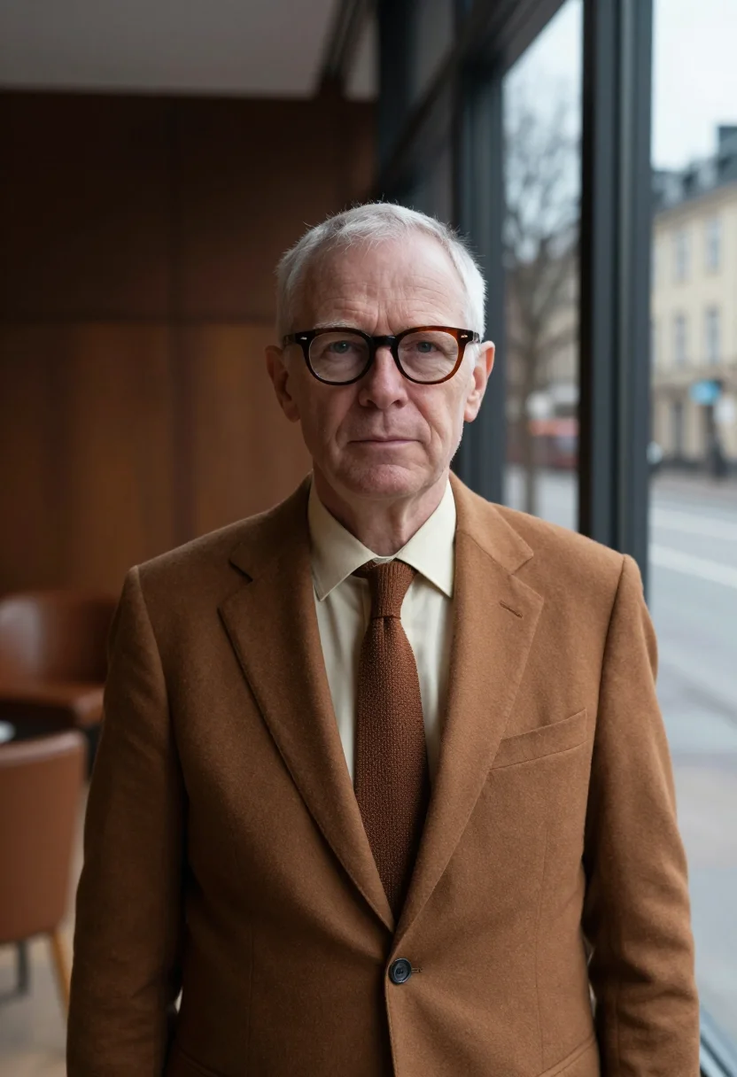 AI arne jacobsen copenhagen november brown sample — portrait of a man, framed tight, head and shoulders, the bod