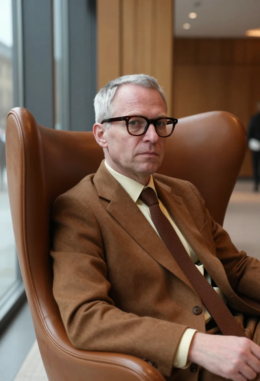 AI arne jacobsen copenhagen november brown sample — portrait of a man, framed chest-up, cropped at the ribs, the