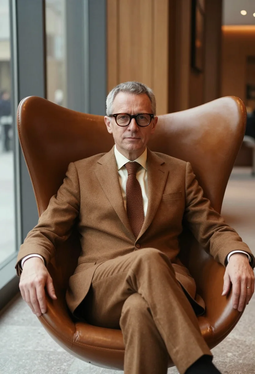 AI arne jacobsen copenhagen november brown sample — portrait of a man, framed three-quarter length from the head