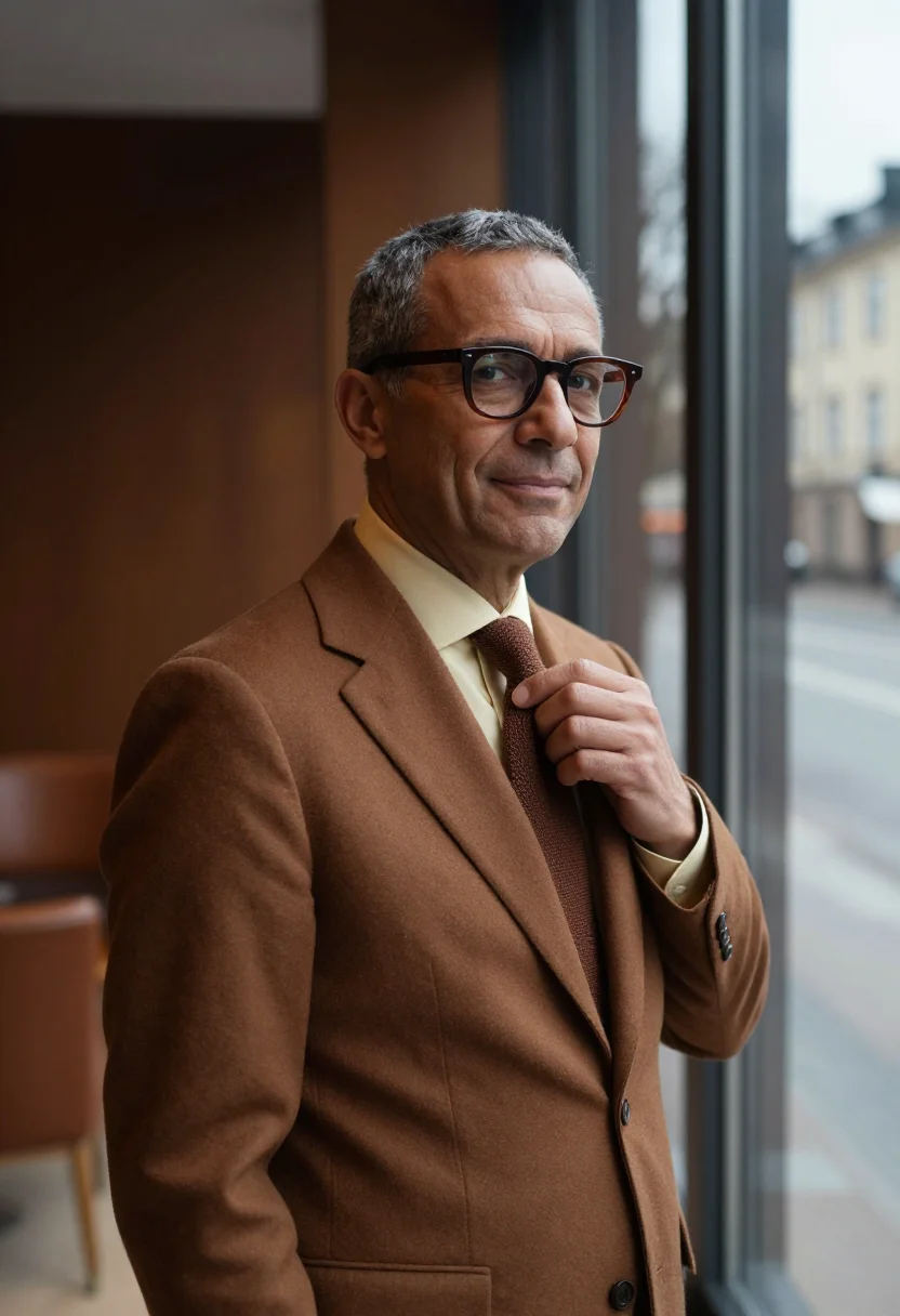 AI arne jacobsen copenhagen november brown sample — portrait of a man, framed chest-up, cropped at the ribs, the