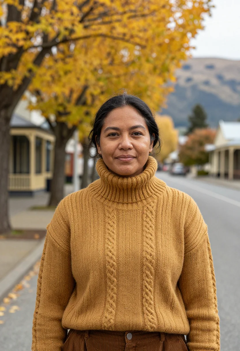 AI arrowtown autumn april gold sample — portrait of a woman, a traveller in her thirties of Samoan d