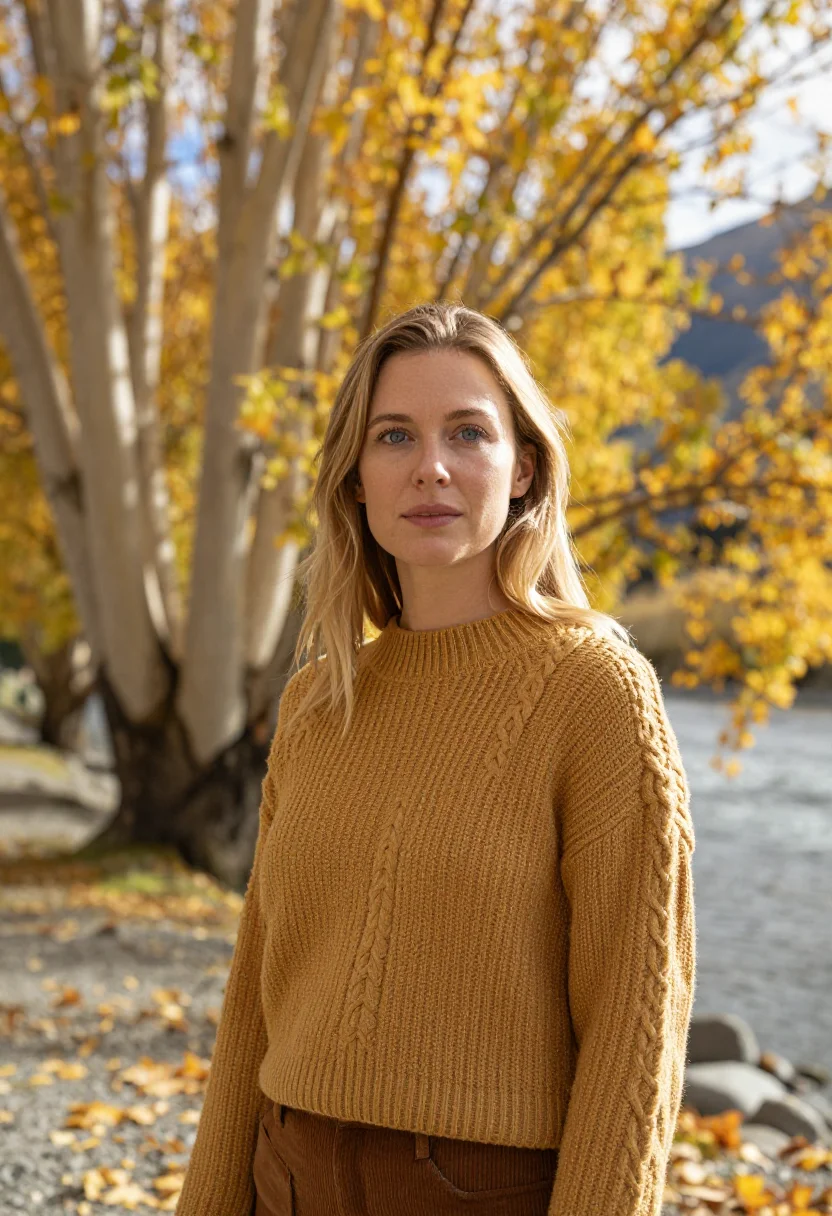 AI arrowtown autumn april gold sample — portrait of a woman, a traveller in her late twenties of Eng