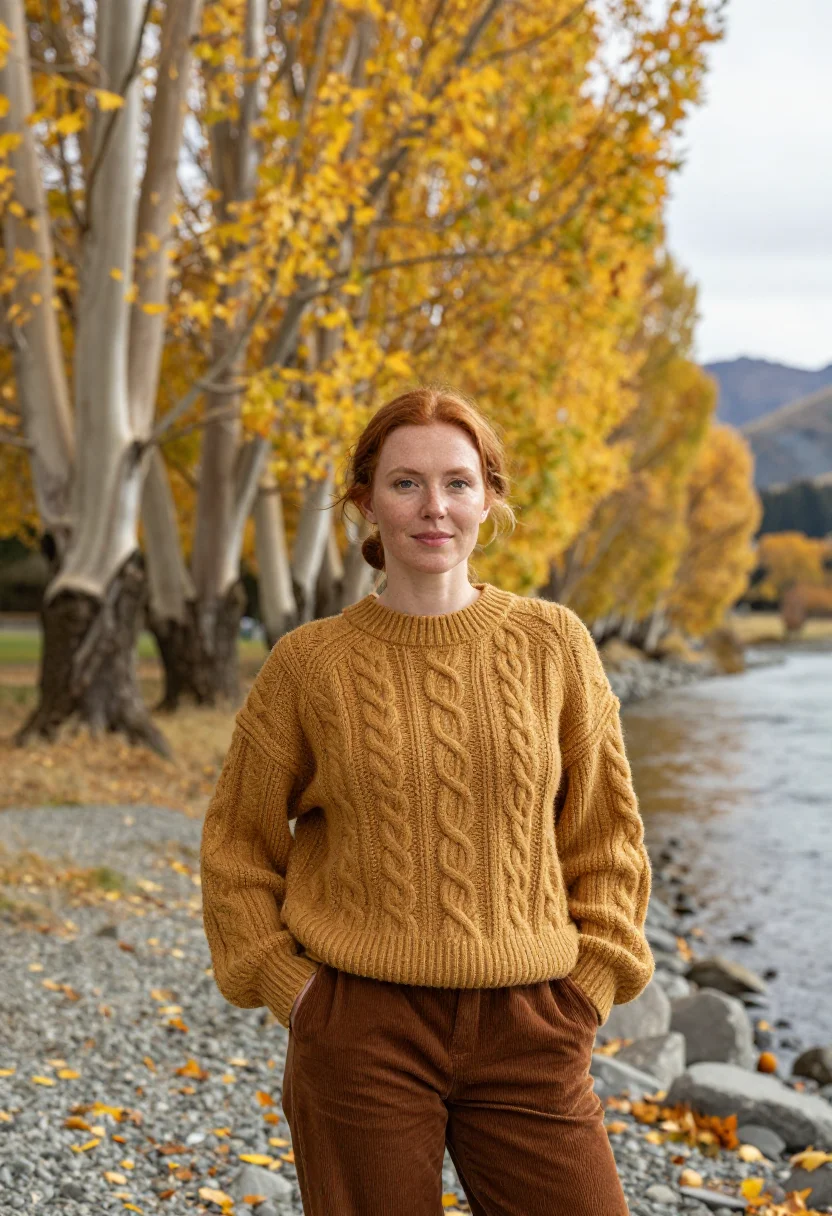AI arrowtown autumn april gold sample — portrait of a woman, a traveller in her mid-thirties of Scot
