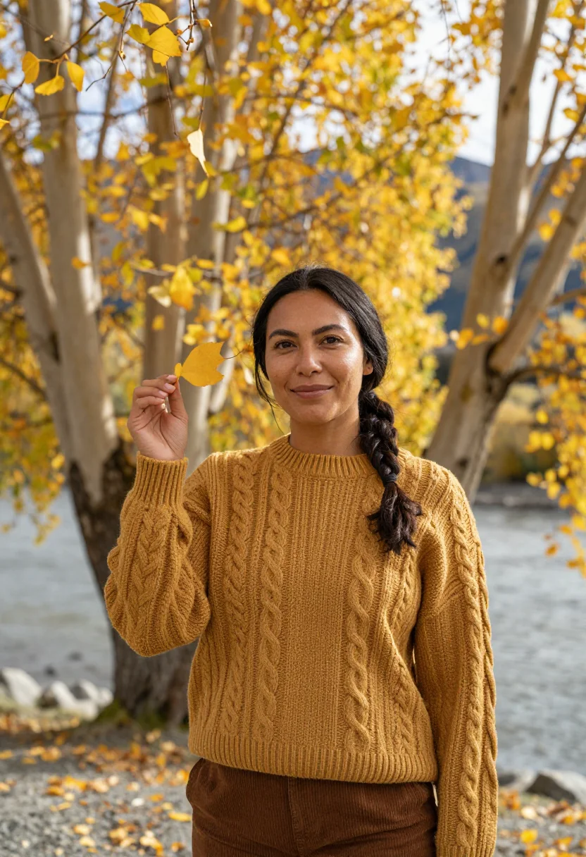 AI arrowtown autumn april gold sample — portrait of a woman, a traveller in her early thirties of Ma