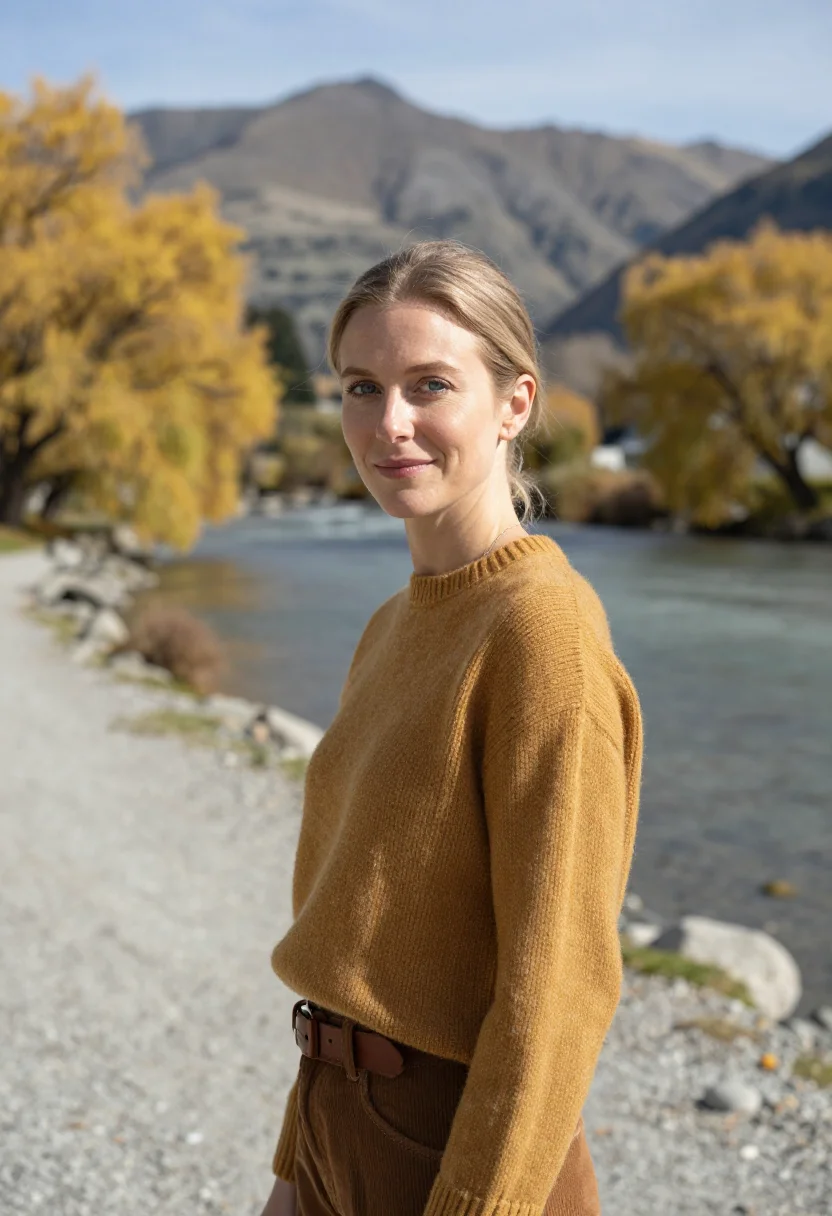 AI arrowtown autumn april gold sample — portrait of a woman, a traveller in her early thirties of Du
