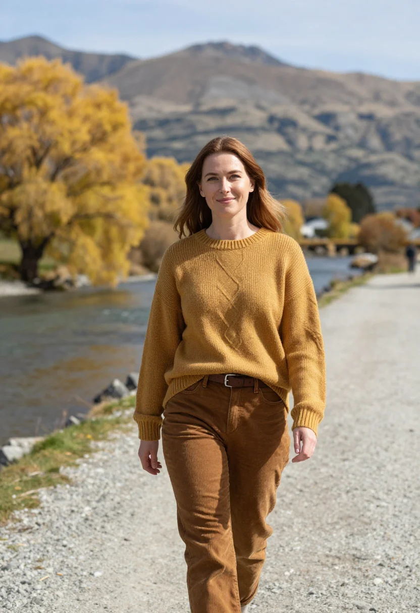 AI arrowtown autumn april gold sample — portrait of a woman, a traveller in her early forties of Iri
