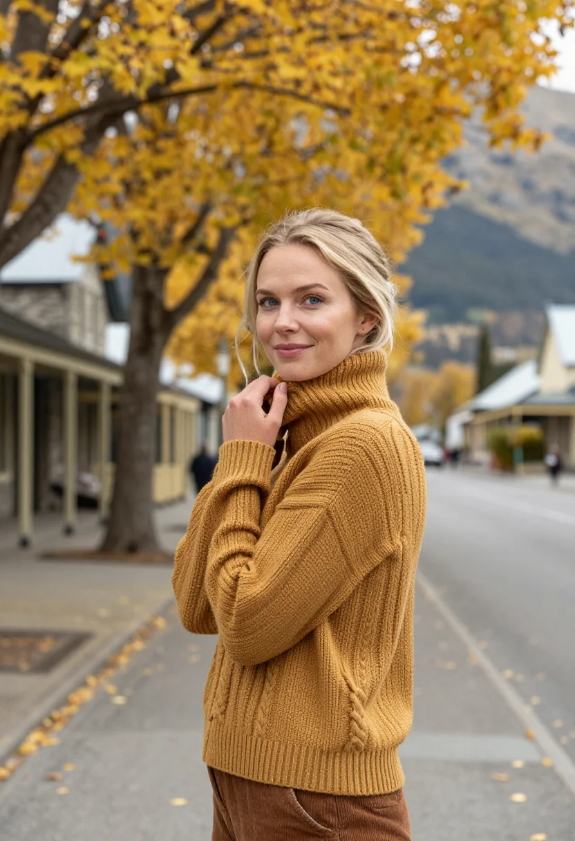 AI arrowtown autumn april gold sample — portrait of a woman, a traveller in her late twenties of Dan