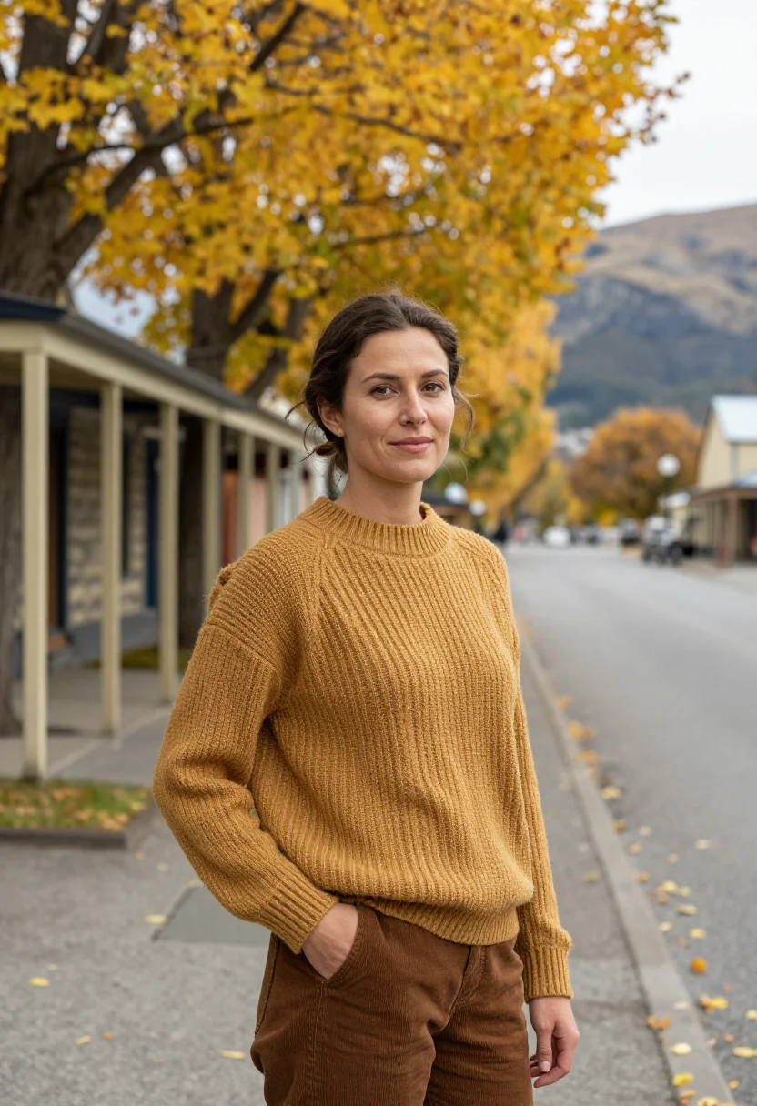 AI arrowtown autumn april gold sample — portrait of a woman, a traveller in her mid-thirties of Fren