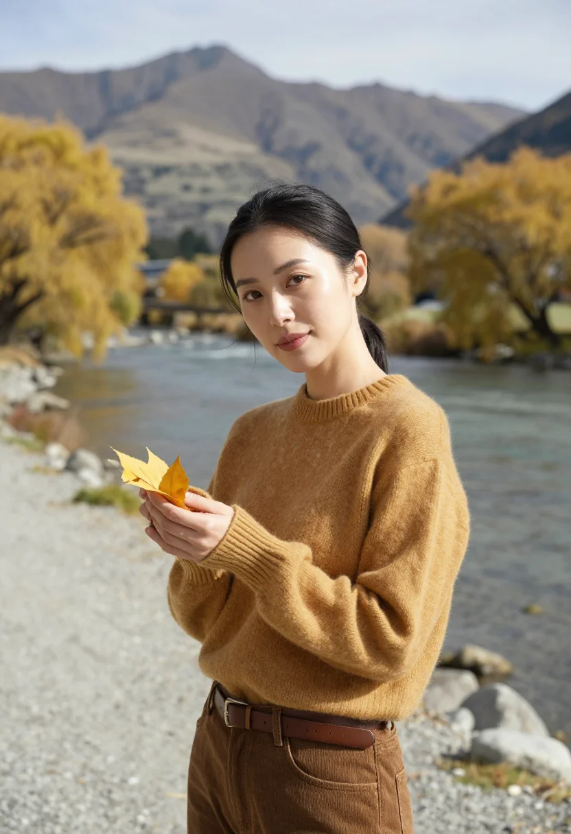 AI arrowtown autumn april gold sample — portrait of a woman, a traveller in her late twenties of Chi