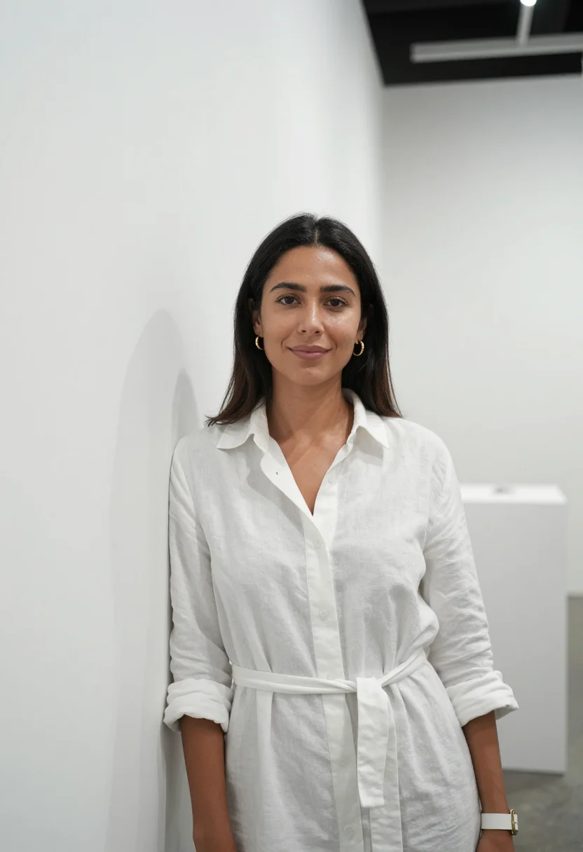AI art basel miami advisor white sample — portrait of a woman, framed tight, head and shoulders, an It