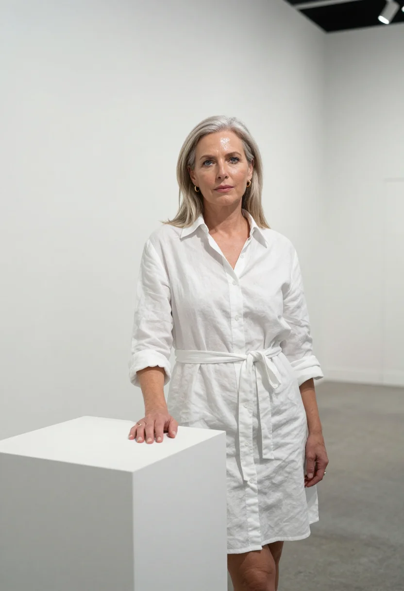 AI art basel miami advisor white sample — portrait of a woman, framed chest-up, a British woman in her