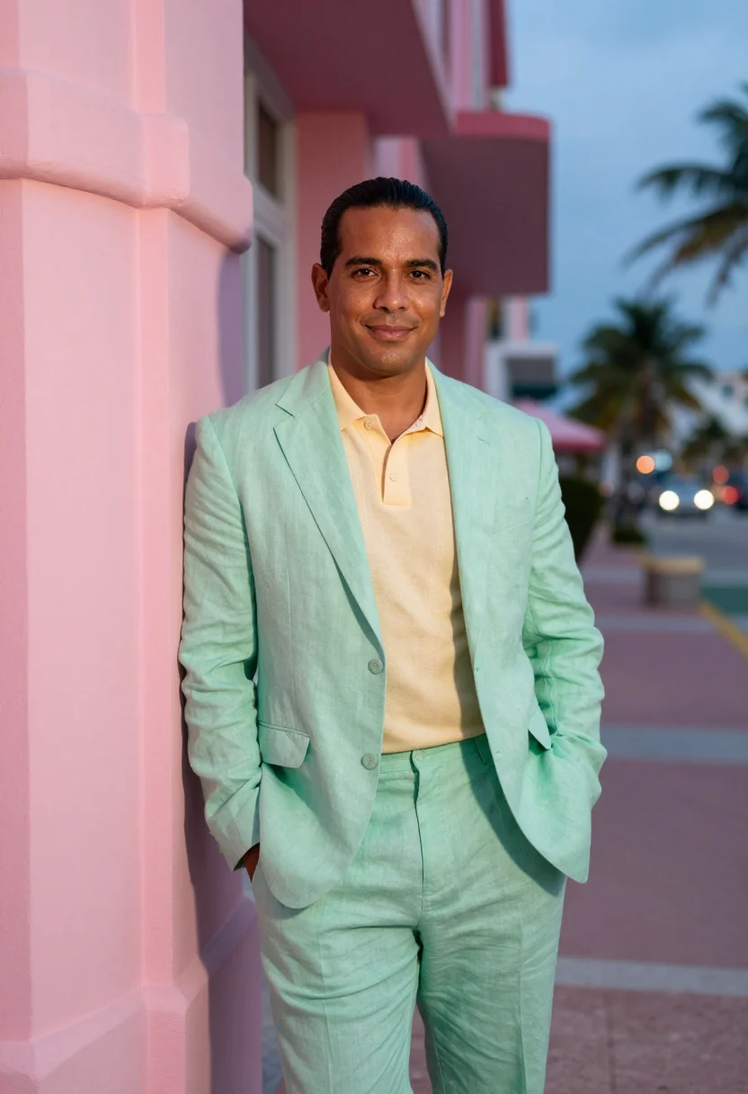 AI art basel miami dealer deco pastel sample — portrait of a man, framed half-length, a Cuban-American man