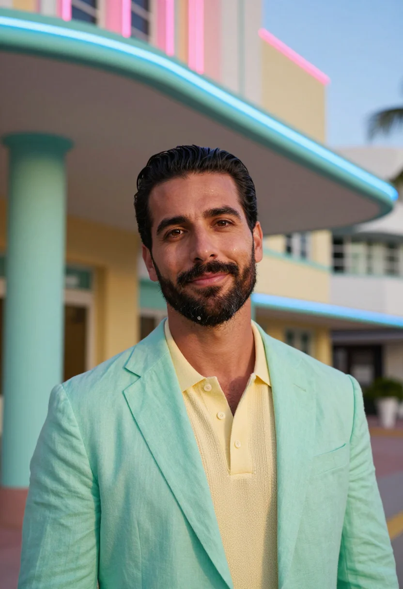 AI art basel miami dealer deco pastel sample — portrait of a man, framed tight, head and shoulders, a Spani