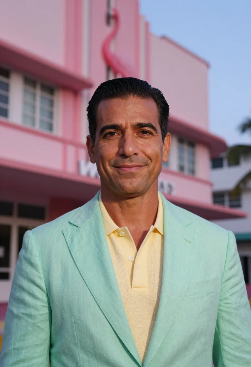 AI art basel miami dealer deco pastel sample — portrait of a man, framed tight, head and shoulders, an Ital