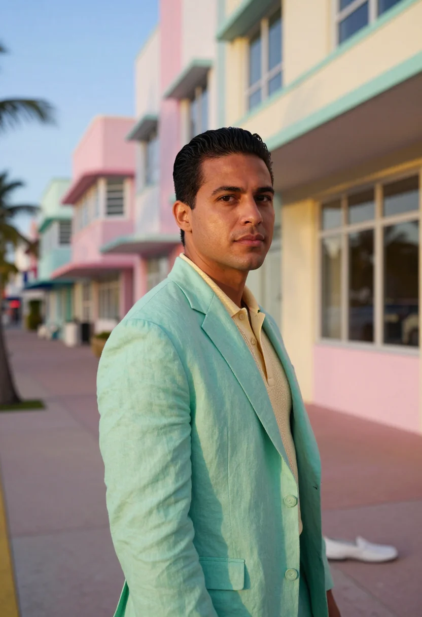 AI art basel miami dealer deco pastel sample — portrait of a man, framed chest-up, a Brazilian man in his t