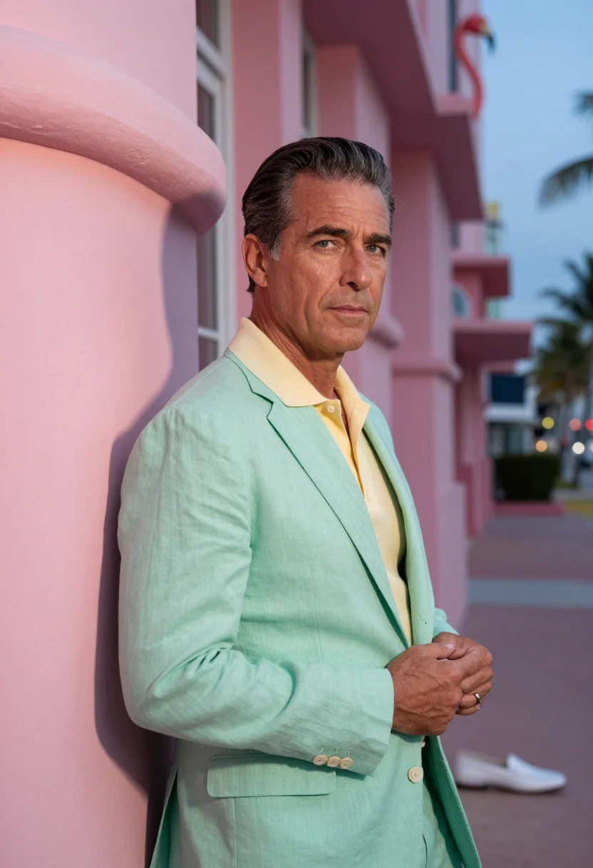 AI art basel miami dealer deco pastel sample — portrait of a man, framed chest-up, a French man in his fift