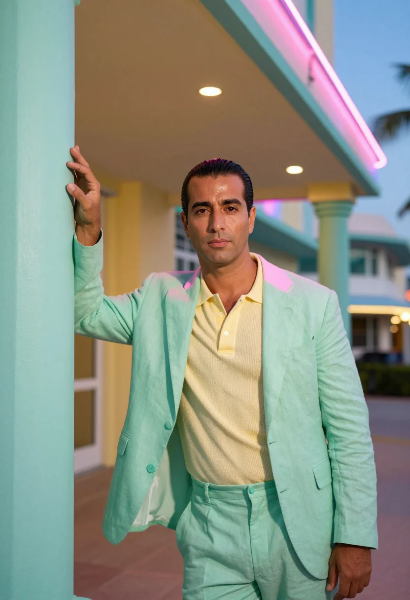 AI art basel miami dealer deco pastel sample — portrait of a man, framed chest-up, a Lebanese man in his fo