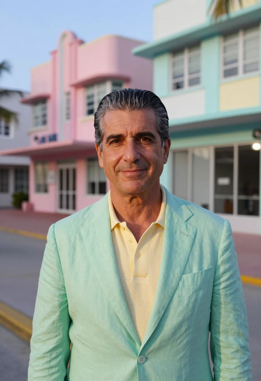 AI art basel miami dealer deco pastel sample — portrait of a man, framed tight, head and shoulders, a Greek