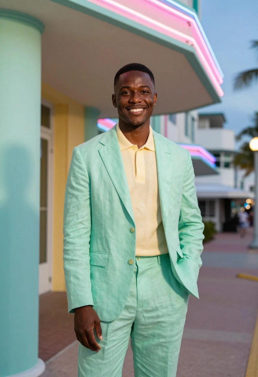 AI art basel miami dealer deco pastel sample — portrait of a man, framed half-length, an African-American m