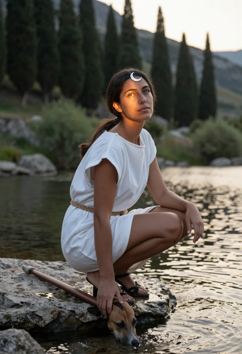 AI artemis huntress sample — portrait of a woman, full-length portrait of a Mediterranean