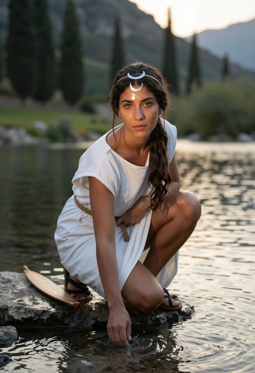 AI artemis huntress sample — portrait of a woman, half-length portrait of a Mediterranean