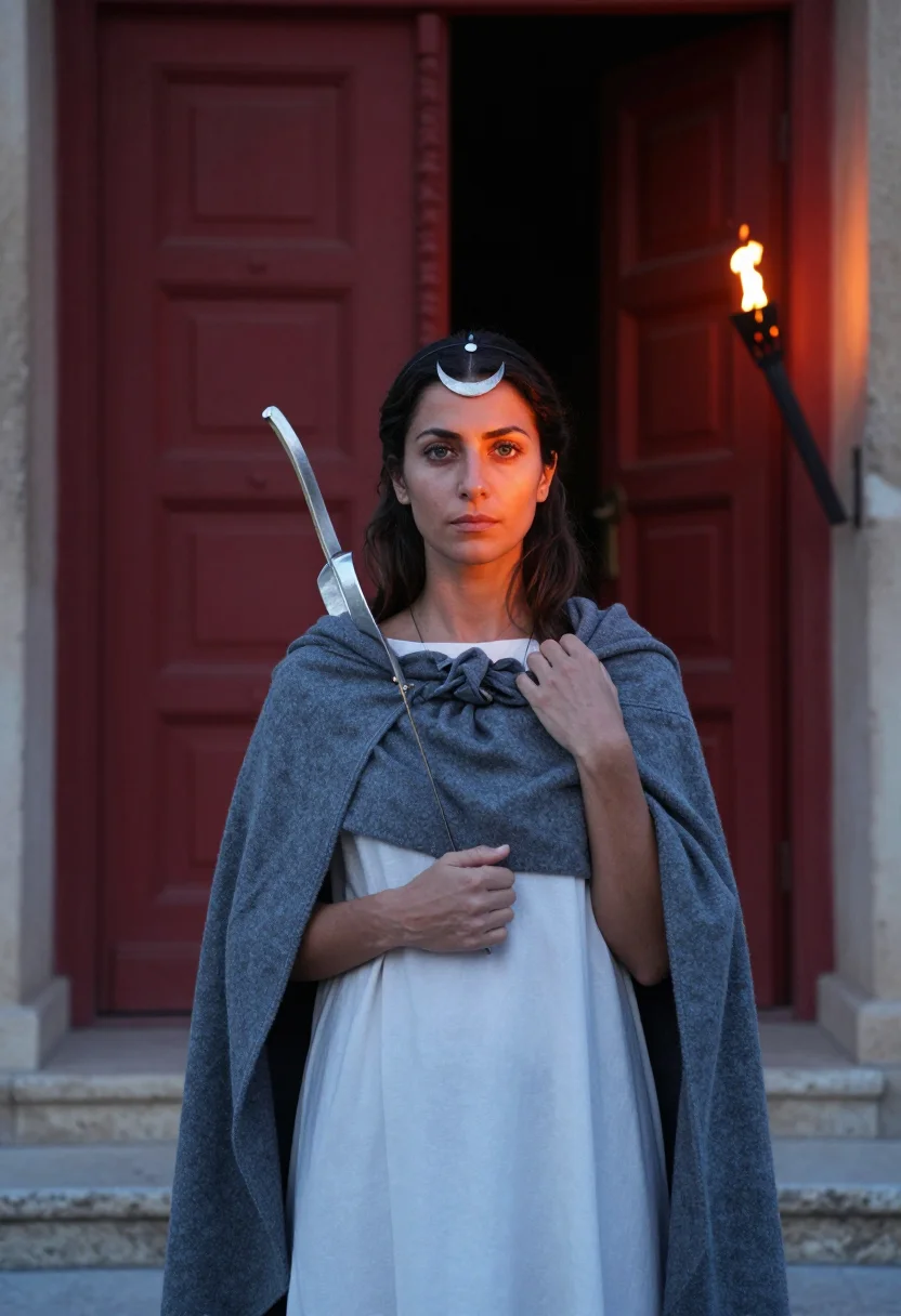 AI artemis huntress sample — portrait of a woman, chest-up portrait of a Mediterranean wo