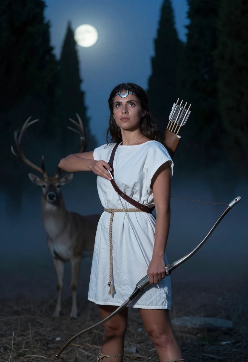 AI artemis huntress sample — portrait of a woman, chest-up portrait of a Mediterranean wo