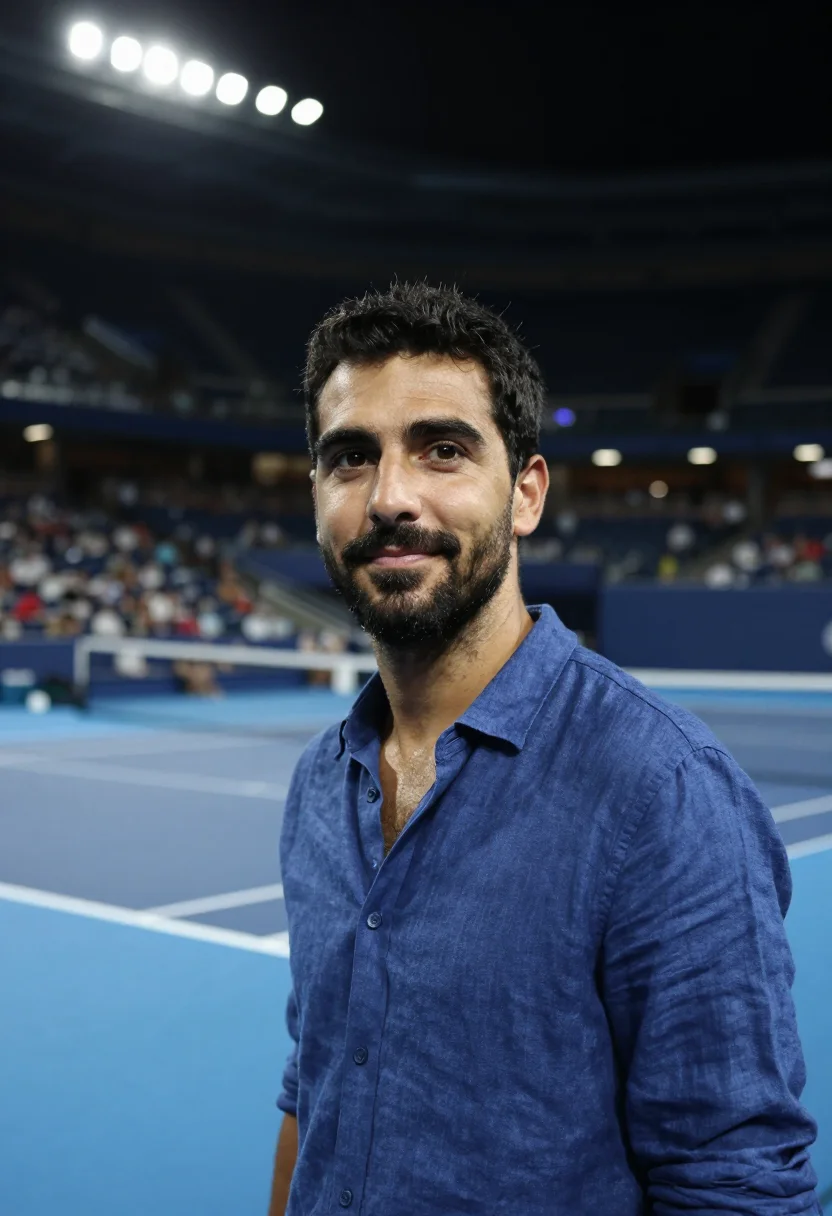 AI arthur ashe stadium us open night blue sample — portrait of a man, an Italian-American tennis spectator in h