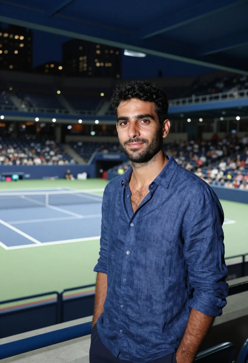 AI arthur ashe stadium us open night blue sample — portrait of a man, a Greek-American tennis spectator in his