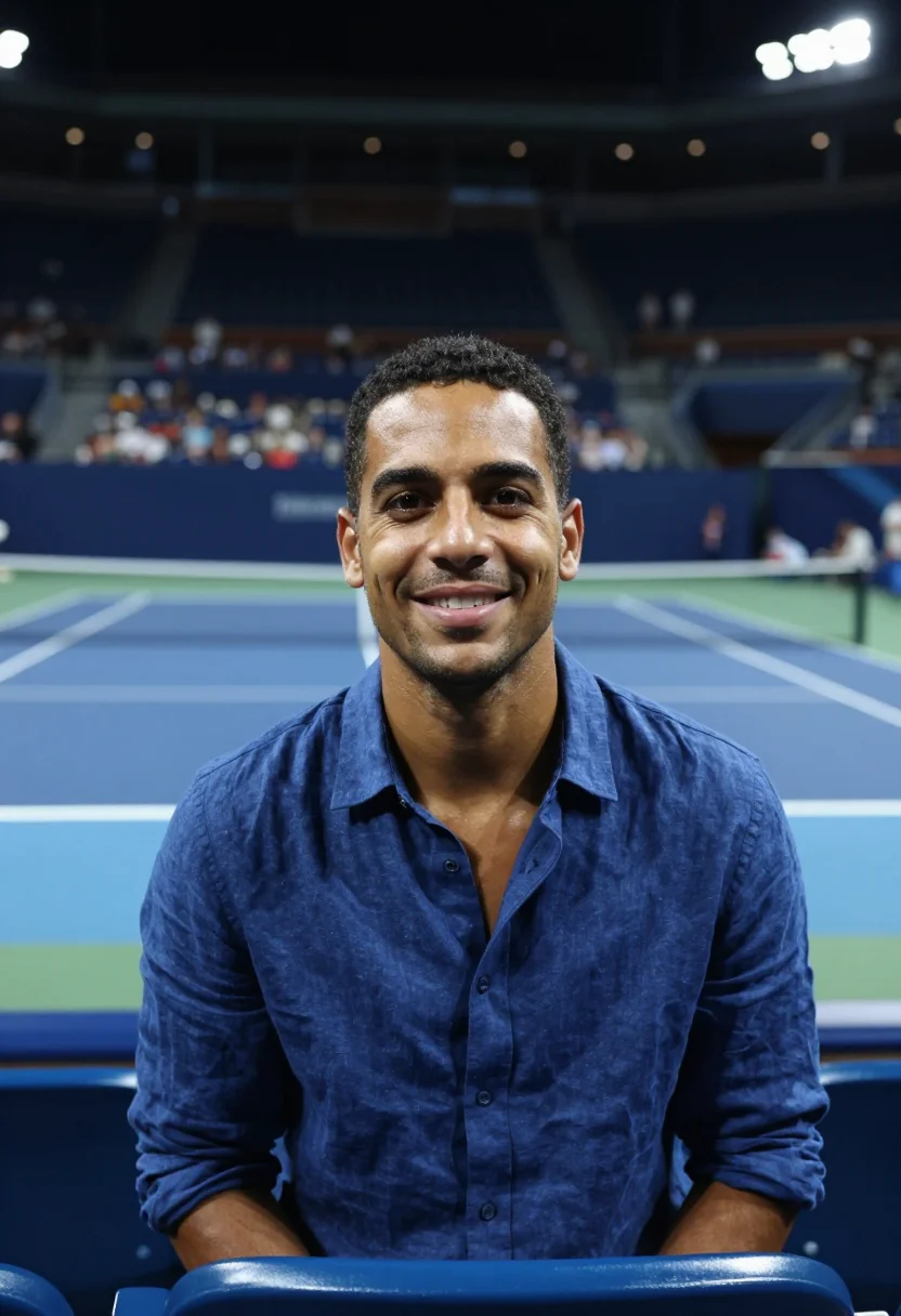 AI arthur ashe stadium us open night blue sample — portrait of a man, a Dominican-American tennis spectator in