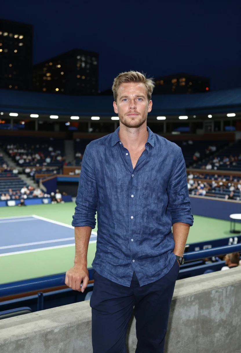 AI arthur ashe stadium us open night blue sample — portrait of a man, a Swedish tennis spectator in his late tw