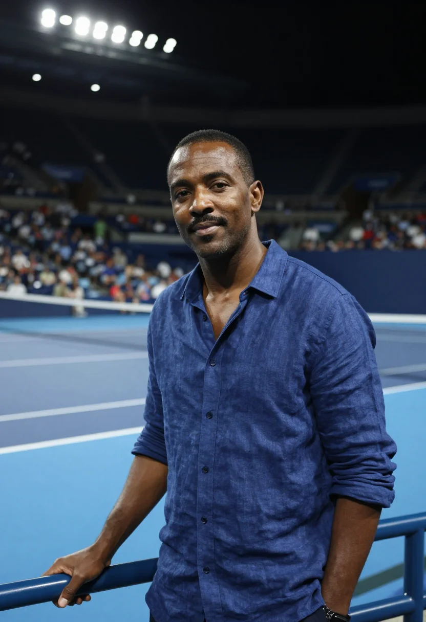 AI arthur ashe stadium us open night blue sample — portrait of a man, an African-American tennis spectator in h