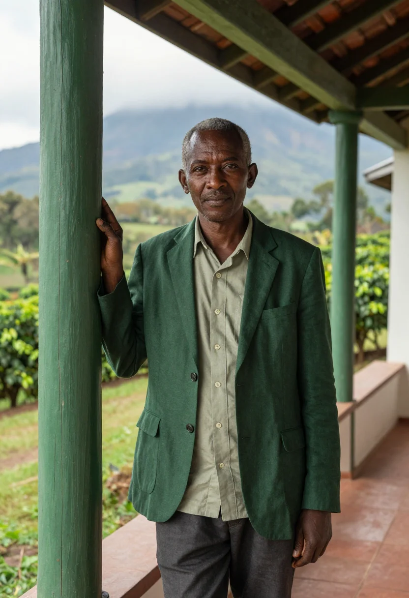 AI arusha coffee estate director green volcano sample — portrait of a man, a Kenyan coffee estate director in his la