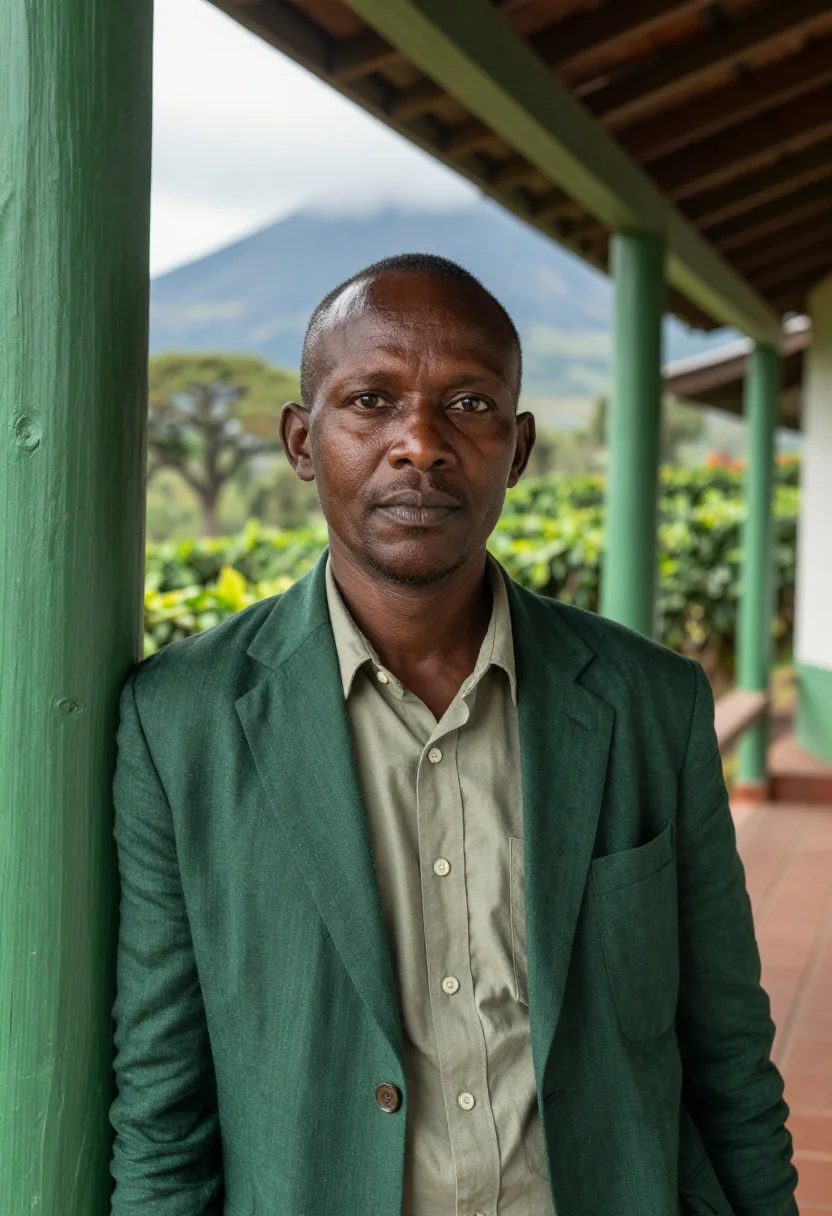 AI arusha coffee estate director green volcano sample — portrait of a man, a Tanzanian coffee estate director in his