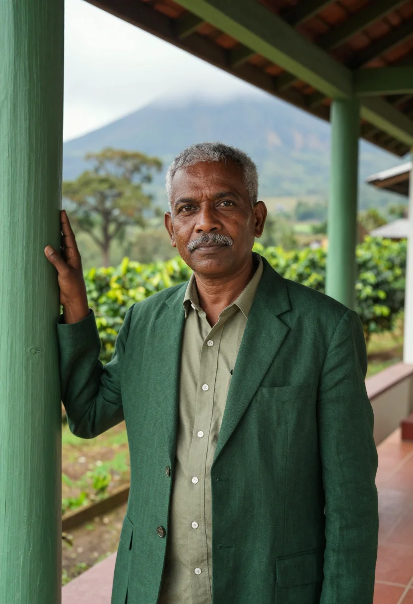 AI arusha coffee estate director green volcano sample — portrait of a man, an Indian-Tanzanian coffee estate directo