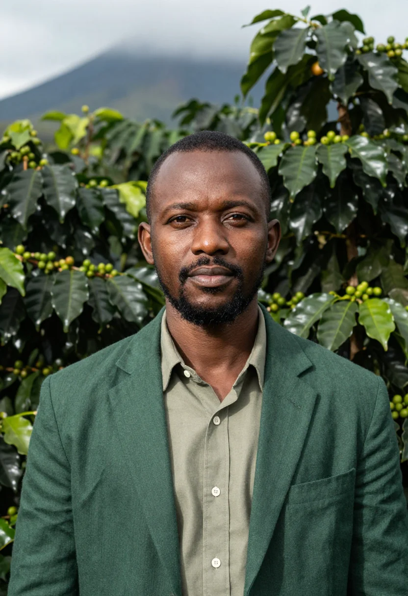 AI arusha coffee estate director green volcano sample — portrait of a man, a Tanzanian coffee estate director in his