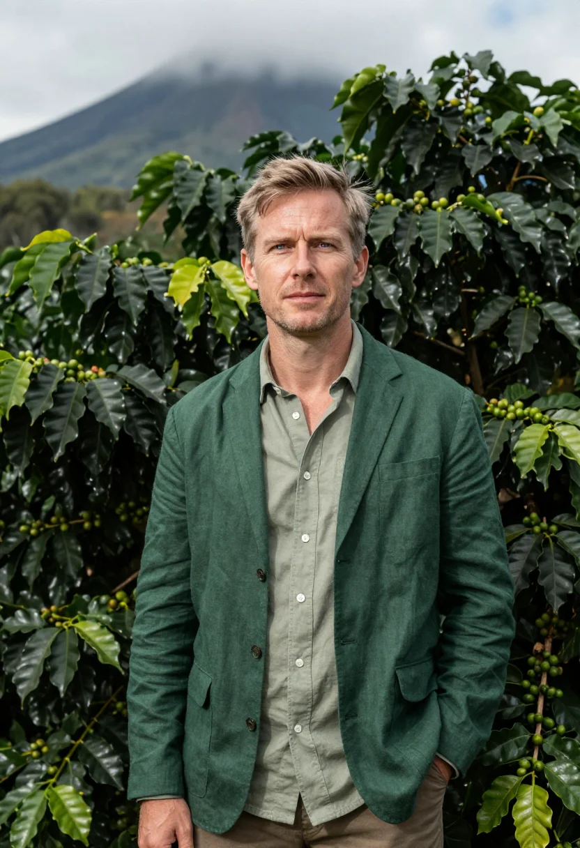 AI arusha coffee estate director green volcano sample — portrait of a man, a Dutch coffee estate director in his ear