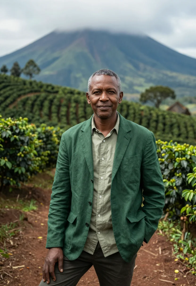 AI arusha coffee estate director green volcano sample — portrait of a man, a Chagga coffee estate director in his ea