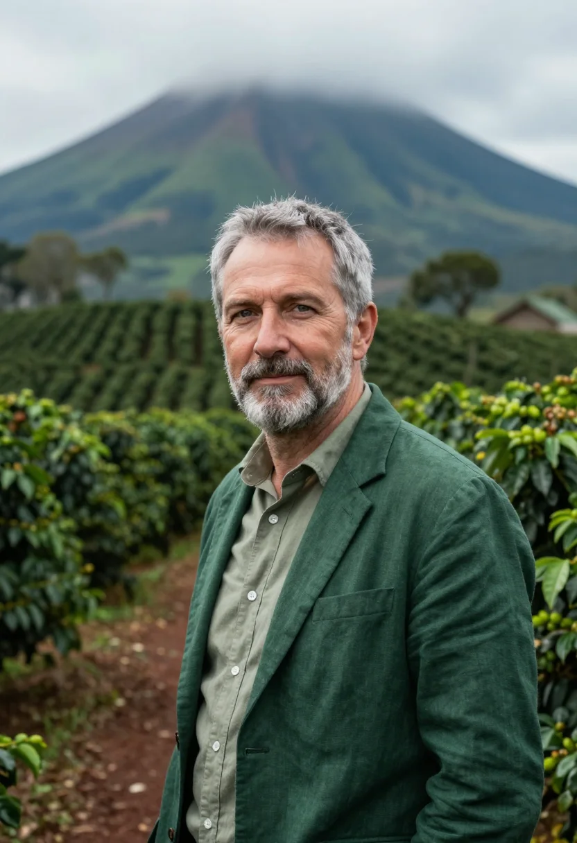 AI arusha coffee estate director green volcano sample — portrait of a man, a German coffee estate director in his la