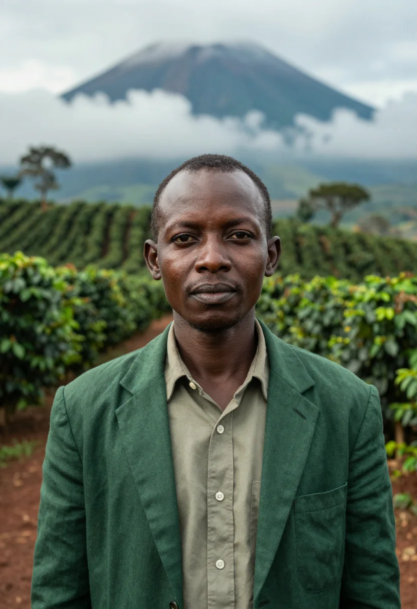AI arusha coffee estate director green volcano sample — portrait of a man, a Tanzanian coffee estate director in his