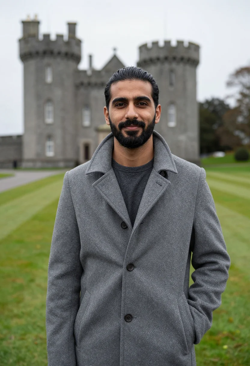 AI ashford castle mayo lough corrib grey sample — portrait of a man, a hotel guest in his forties of Indian-Br