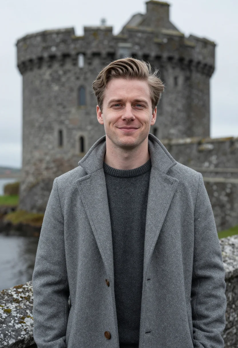AI ashford castle mayo lough corrib grey sample — portrait of a man, a hotel guest in his early thirties of En