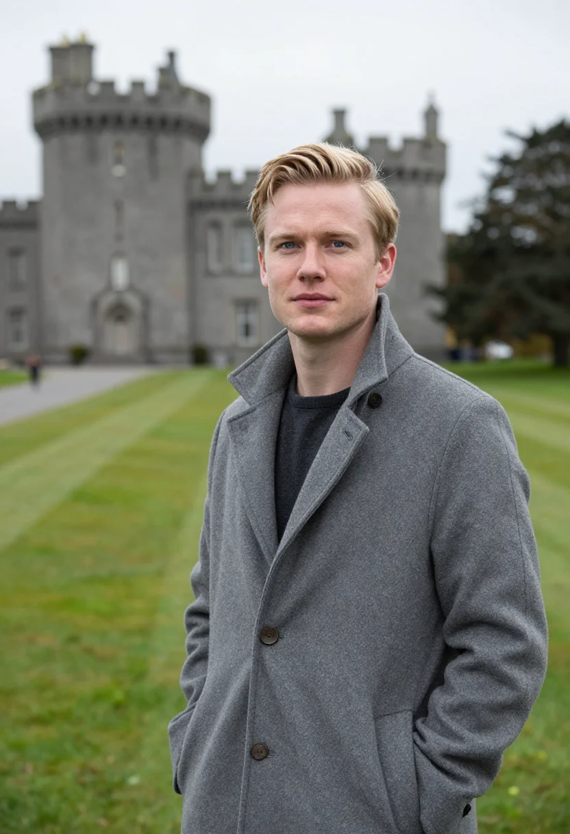 AI ashford castle mayo lough corrib grey sample — portrait of a man, a hotel guest in his early thirties of Sw