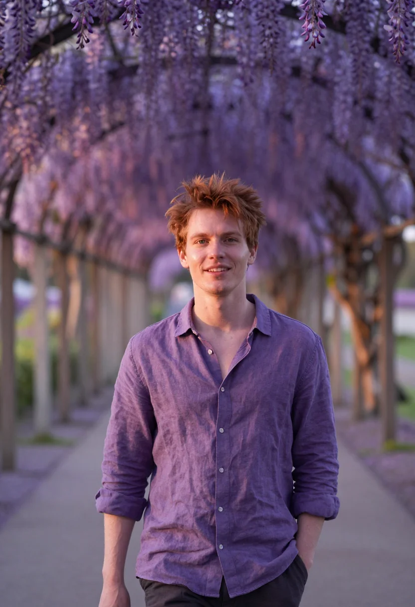AI ashikaga wisteria may violet sample — portrait of a man, a traveller in his late twenties with pal
